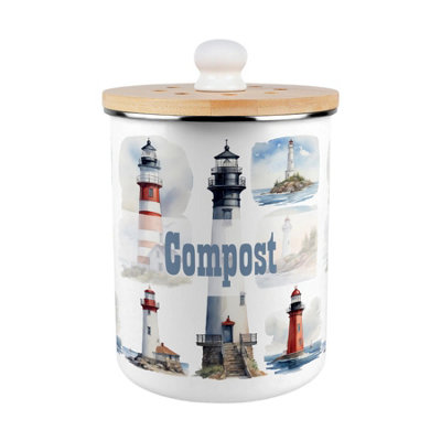 B&Q -  Painted Lighthouses Compost CaddyMetal 2L Decorative Kitchen Food Waste Bin