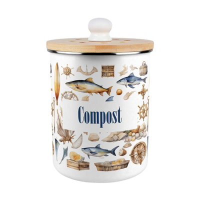 B&Q -  Nautical Icons Compost CaddyMetal 2L Decorative Kitchen Food Waste Bin