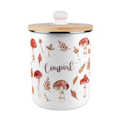 B&Q -  Watercolour Mushrooms Compost CaddyMetal 2L Decorative Kitchen Food Waste Bin