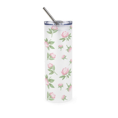 Purely Home Pink Peonies Frosted Glass Travel Flask With Straw - Image 3