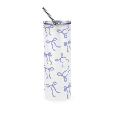 Blue Bows Glass Travel Flask - Reusable Frosted Drinks Cup Gift with Straw - Image 3