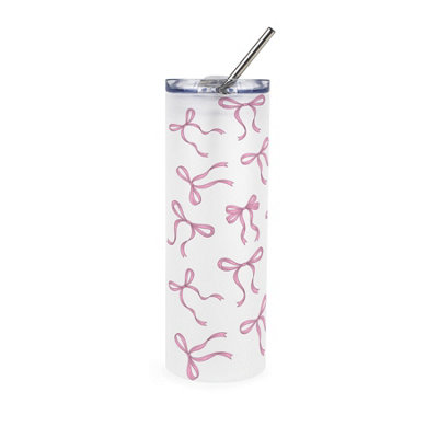 Pink Bows Glass Travel Flask - Reusable Frosted Drinks Cup Gift with Straw - Image 3
