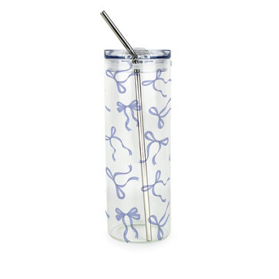 Purely Home Blue Bows Clear Glass Travel Flask With Straw - Image 3
