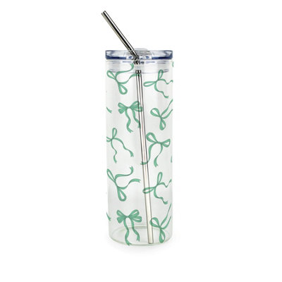 Green Bows Clear Glass Travel Flask - Drinks Tumbler Gift with Metal Straw - Image 3
