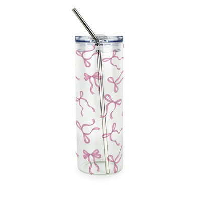 Purely Home Pink Bows Clear Glass Travel Flask With Straw - Image 3