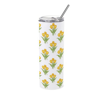 B&Q -  Yellow Tulips Stainless Steel Travel Tumbler With Straw
