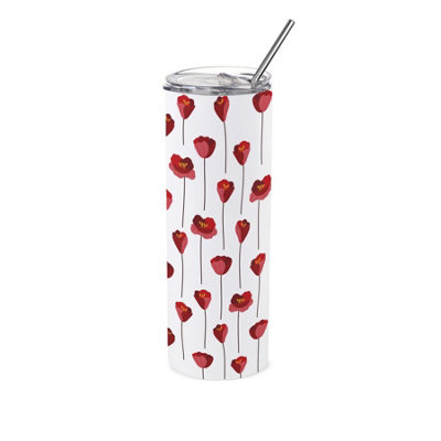 Minimalist Poppies Travel Flask - Reusable Metal Drinks Cup Gift with Straw - Image 3