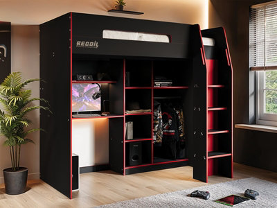B&Q -  Summit Gaming High Sleeper With Wardrobe Black & Red
