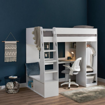Flair White Harry High Sleeper With Desk & Wardrobe