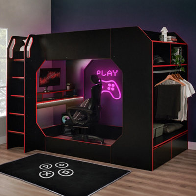 Recoil Small Double Gaming High Sleeper Bed with Desk and Storage - Black - Small - Image 5