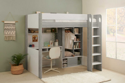 Flair Hampton Single White & Grey High Sleeper Frame - Oak - Small - Image 6