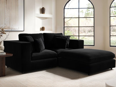 Solace+Co Asher 3 Seater Sofa With Footstool - Black Velvet