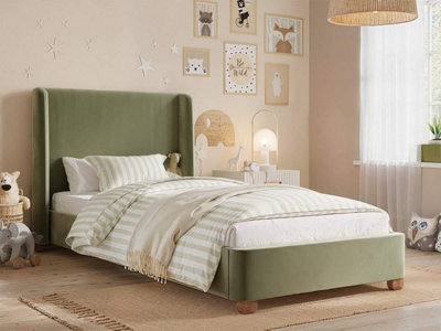 B&Q -  Alma Single Winged Headboard Bed Olive Green Velvet