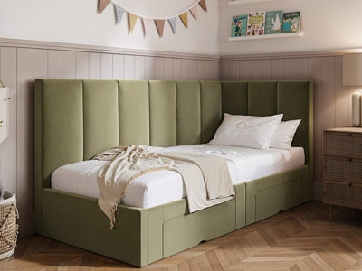 Flair Unisex Green Harley Corner Fabric Bed Frame With Storage Drawers In | : Single - Image 6