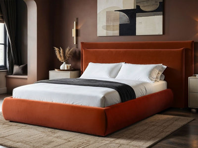 B&Q -  Sigrid Burnt Orange Velvet Cushion Headboard Ottoman Bed Kingsize