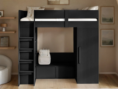 Flair Black Aspen Ribbed High Sleeper With Storage & Wardrobe Small