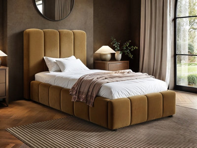 B&Q -  Emilie Ribbed Single Ottoman Bed Mocha Velvet
