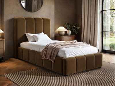 B&Q -  Emilie Ribbed Single Ottoman Bed Brown Velvet