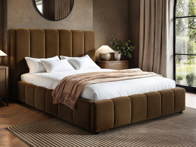 Solace+Co Brown Emilie Ribbed Kingsize Ottoman Bed Velvet B&Q