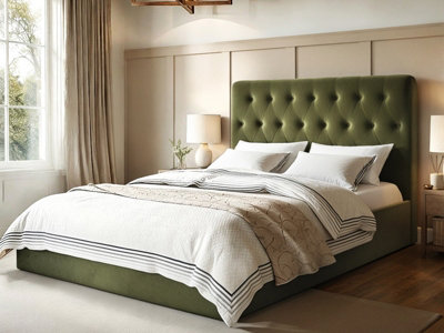 Flair Marley Buttoned Headboard Ottoman Bed Green Velvet Double