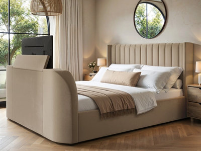 Flair Fallon King Size Beige Velvet TV Side Lift Ottoman Bed - Image 5