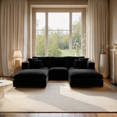 Solace+Co Asher U Shape Corner Sofa Bundle Black Velvet from B&Q