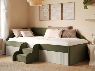 B&Q -  Aviana Olive Green Velvet Low Sleeper Bed With Beige Cord
