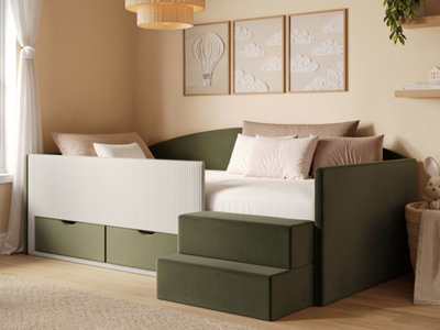 B&Q -  Elisa Olive Green Velvet Storage Low Sleeper Bed With Beige Cord