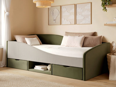 B&Q -  Aubrey Olive Green Velvet Storage Low Sleeper Bed With Beige Cord