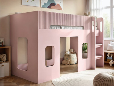 Flair Lino Pink Playhouse Mid Sleeper Bed with Wide-Step Ladder - Image 6