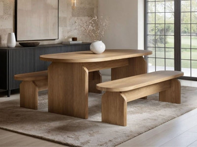 Solace+Co Varm Wooden Ribbed Dining Table With Bench Set Oak