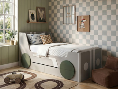 Flair Cooper Single Car Bed With Drawers - Grey & Green - Image 6