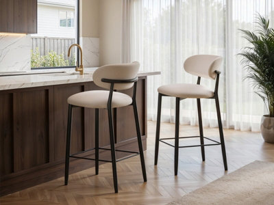 B&Q -  Cyra Set Of 2 Bar Stools With Curved Back & Footrest Beige Chenille