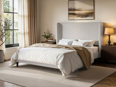B&Q -  Jovanna Striped Bed Frame With Winged Headboard Woven Fabric Brown Double