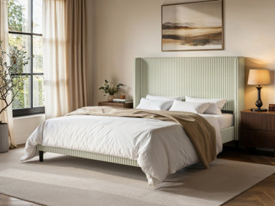 B&Q -  Jovanna Striped Bed Frame With Winged Headboard Woven Fabric Green Kingsize