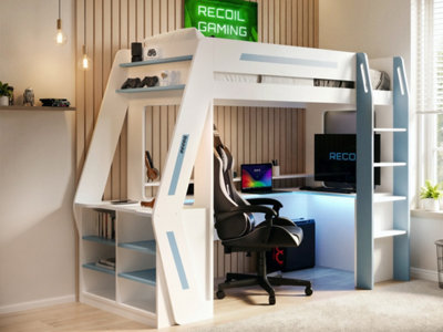 Rackhams White/Blue Alister Gaming High Sleeper With Desk & Storage & - Single - Image 4