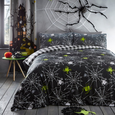 Bedlam Spiders Glow In The Dark Spider Print Grey Duvet Cover Set from B&Q