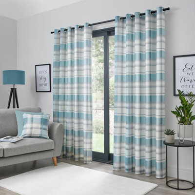 B&Q -  Balmoral Check Country Checked Pattern Pair Of Duck Egg Eyelet Curtains