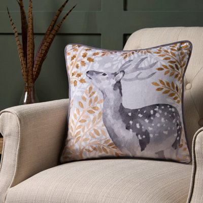 Dreams & Drapes Forest Animals Deer Print Velvet Filled Cushion Grey