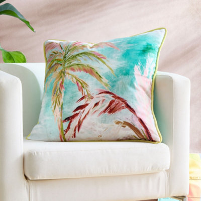 B&Q -  Leilani Tropical Palm Leaf Print Green Velvet Filled Cushion