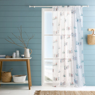 Fusion Beach Huts Coastal Themed Voile Panel Blue