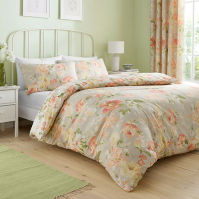 Dreams & Drapes Florette Easy Care Floral Print Natural Duvet Cover Set Coral/White