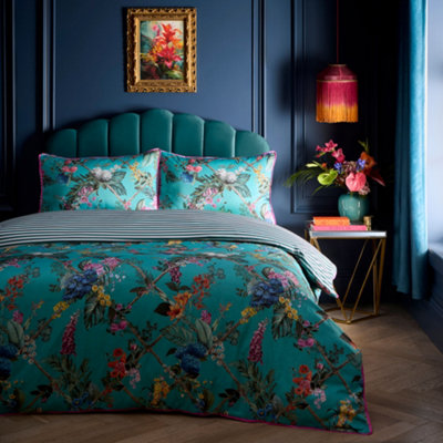 Laurence Llewelyn-Bowen Cotswald Fantasia Floral Print 200 Thread Count Cotton Teal Duvet Cover Set White/Pink