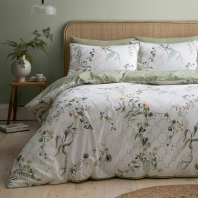 B&Q -  Floral Trellis 100% Cotton Sateen Green Duvet Cover Set
