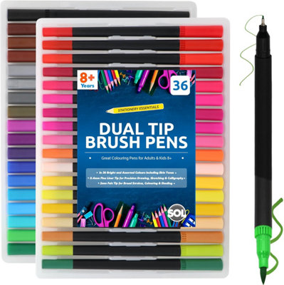 SOL 36Pc Dual Tip Brush Pens Set With Vibrant Colours And Skin Tones Fine Liner And Broad Tips For Sketching Drawing Colouring Shading from B&Q