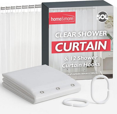 B&Q -  1Pk Clear Shower Curtain With 12 Hooks 180Cm X 180Cm Plastic Bath Cover Liner Rust Proof Grommets Anti Mould Stain Resistant Water