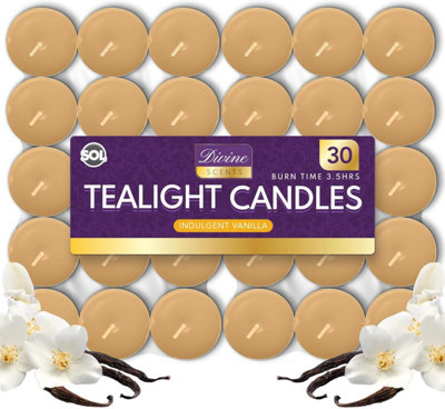 SOL 30Pk Tea Light Candles Indulgent Vanilla 3.5 Hour Burn Time Scented Tea Lights Long Lasting Ideal For Home Decor Relaxation Dinner from B&Q