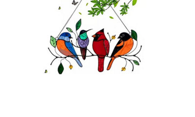  - Bundle Of  Stained Glass Effect Birds Hanging Garden Decoration 4-Birds