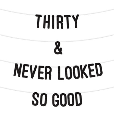  - 30 And Never Looked So Good Glitter BannerCelebrate Thirty Birthday Or Wedding AnniversariesMilestone Party Decor (Black)