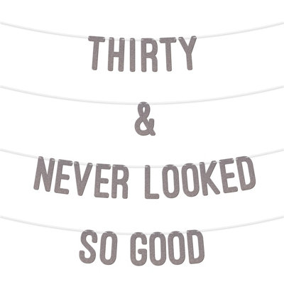  - 30 And Never Looked So Good Glitter BannerCelebrate Thirty Birthday Or Wedding AnniversariesMilestone Party Decor (Silver)